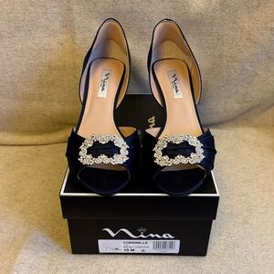 Nina Corrine, Navy Peep-Toe Heels with Rhinestone Buckle